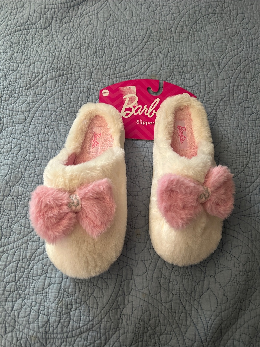 Barbie Cream Fuzzy Slippers with Pink Bow Accents